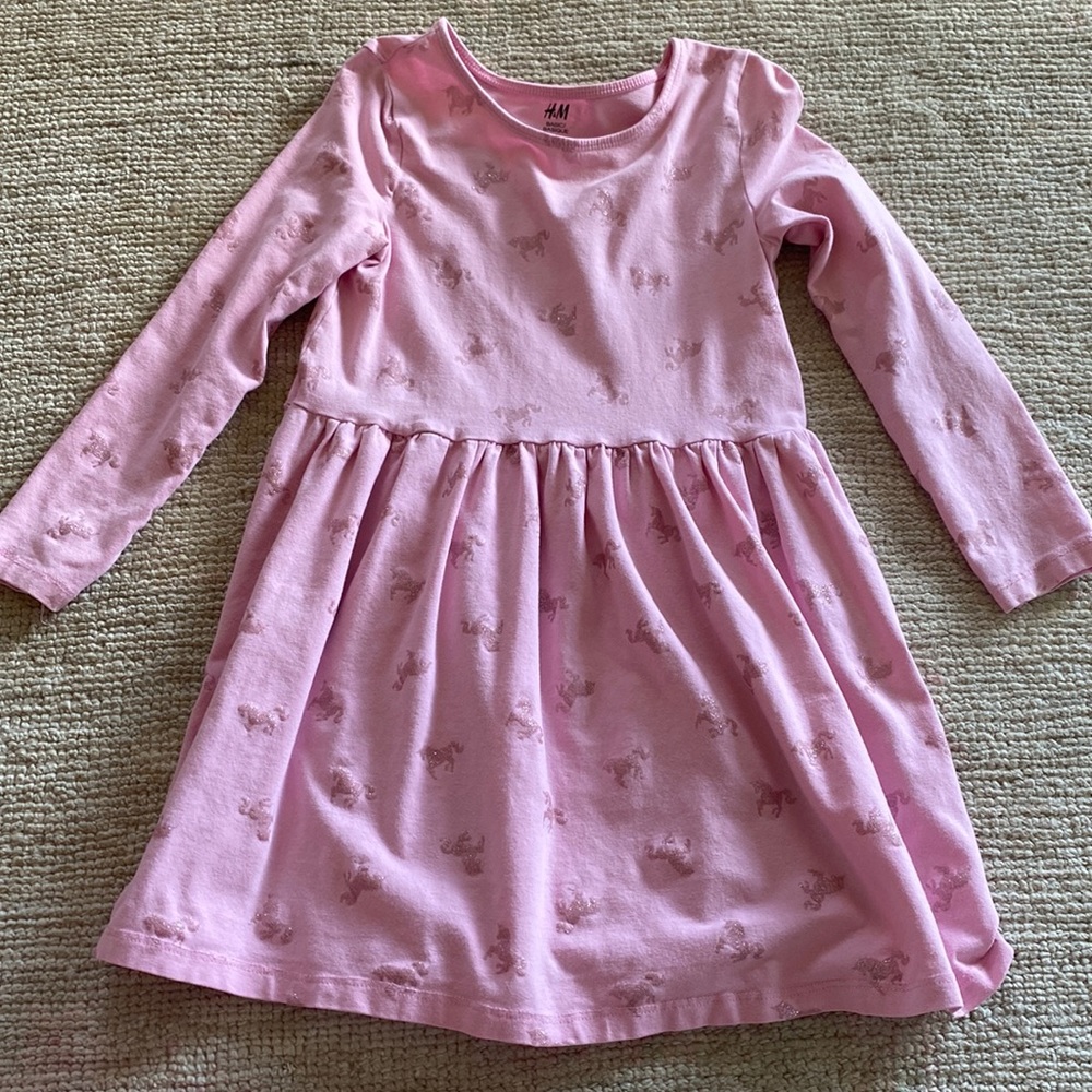 H&M Pink Long-Sleeve Unicorn Print Dress